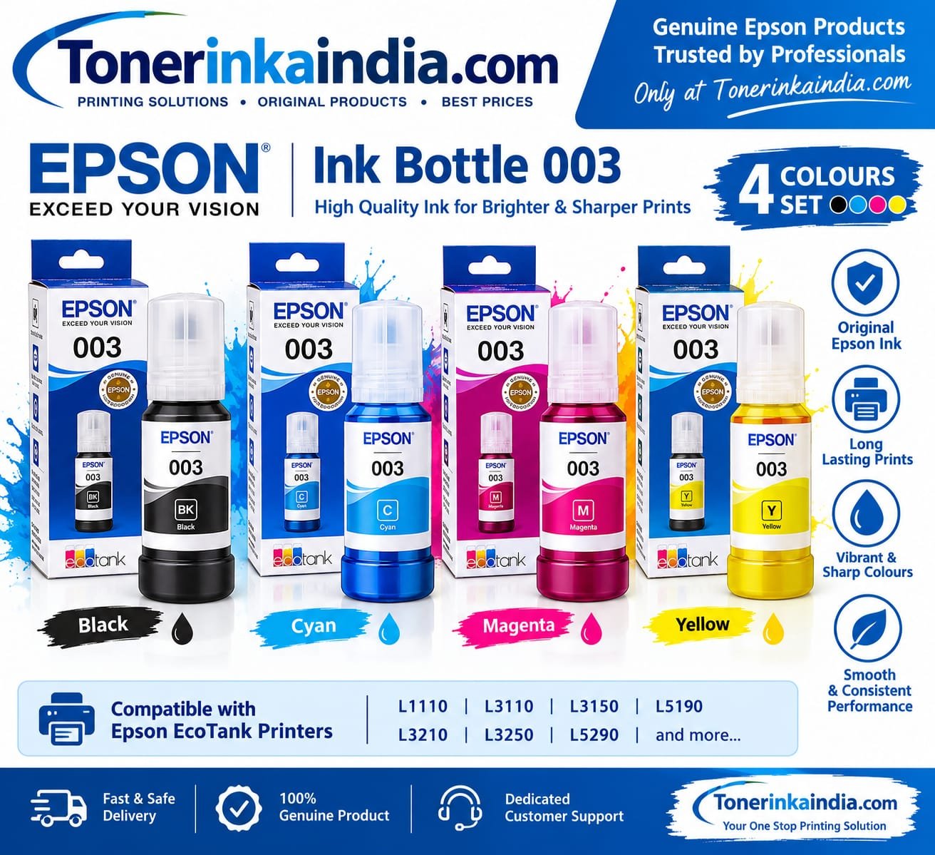 Epson 003 Ink Bottle Combo Set (4 Colors - Black, Cyan, Magenta, Yellow)